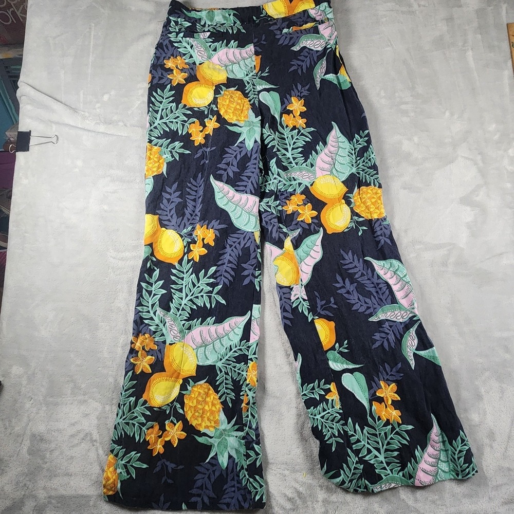 Anthropologie Navy Wide-Leg Pants with Yellow & Green Tropical Print
